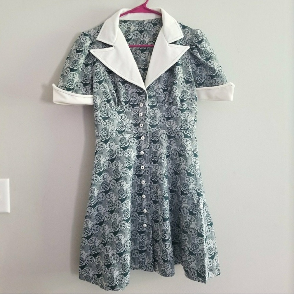 Amazing vintage owl print 70s waitress puff sleeve mini dress